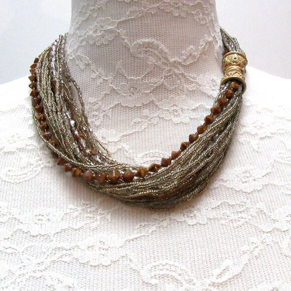Gold beaded multi strand necklace with iridescent, clear and brown beading MCM - Picture 4 of 10